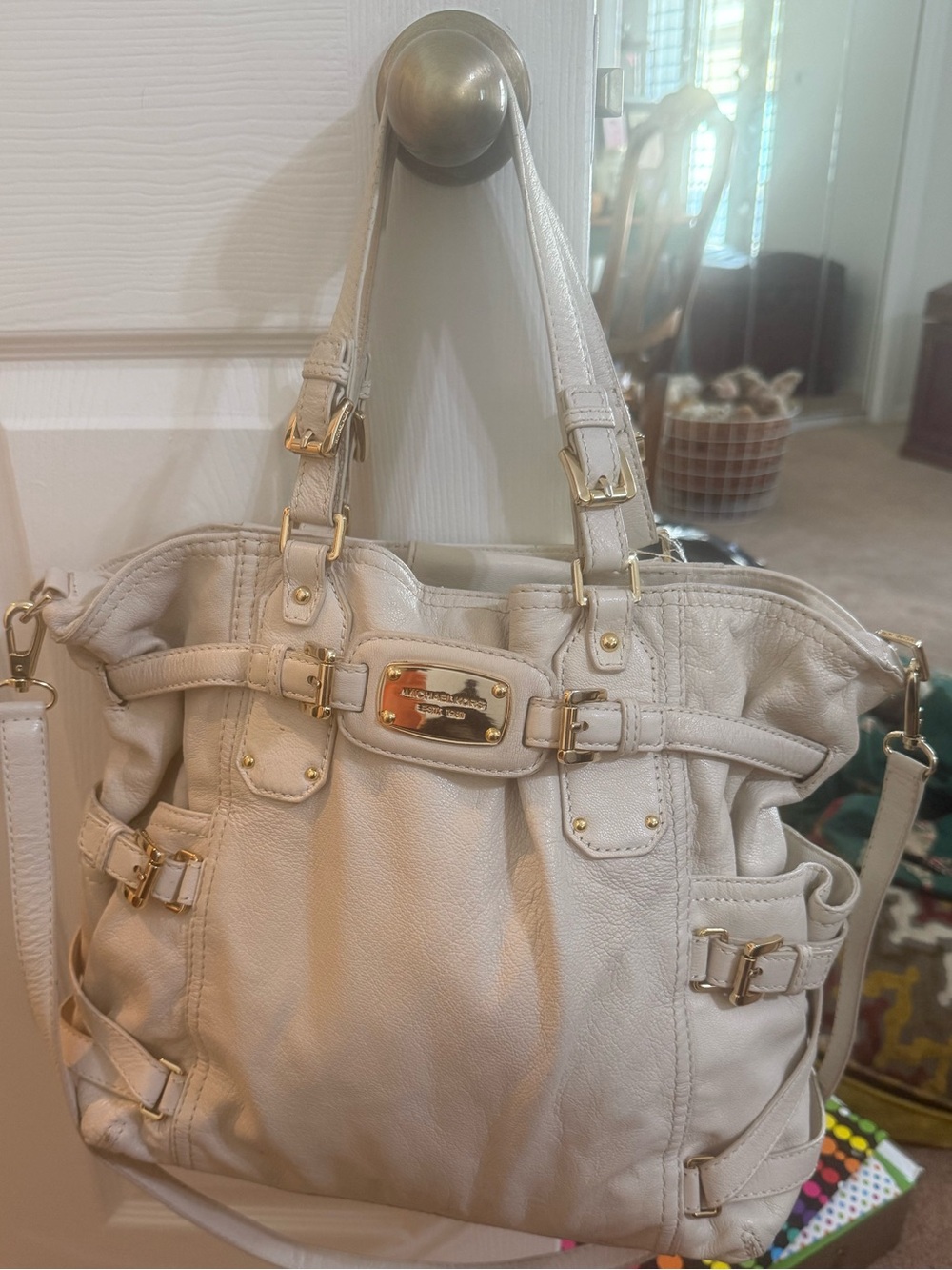 Michael Kors Hamilton Cream Leather Shoulder Bag with Gold Hardware